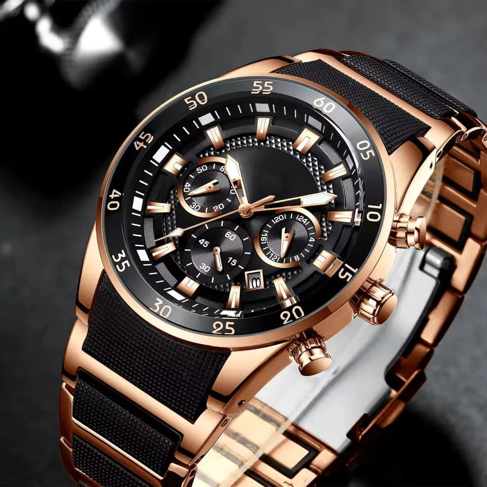 Rose Gold Black Dial Luxury Chronograph Watch for Men